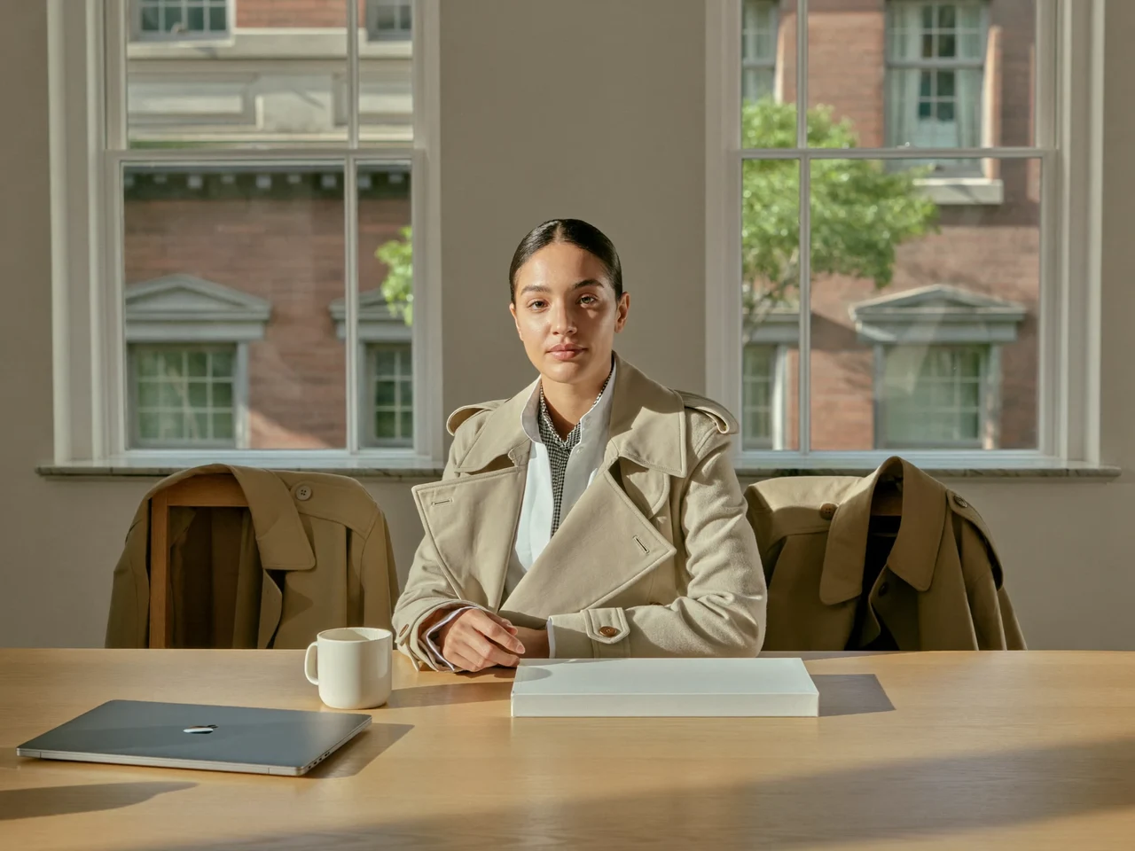 Illustration of a calm London advice office with an empty oak table