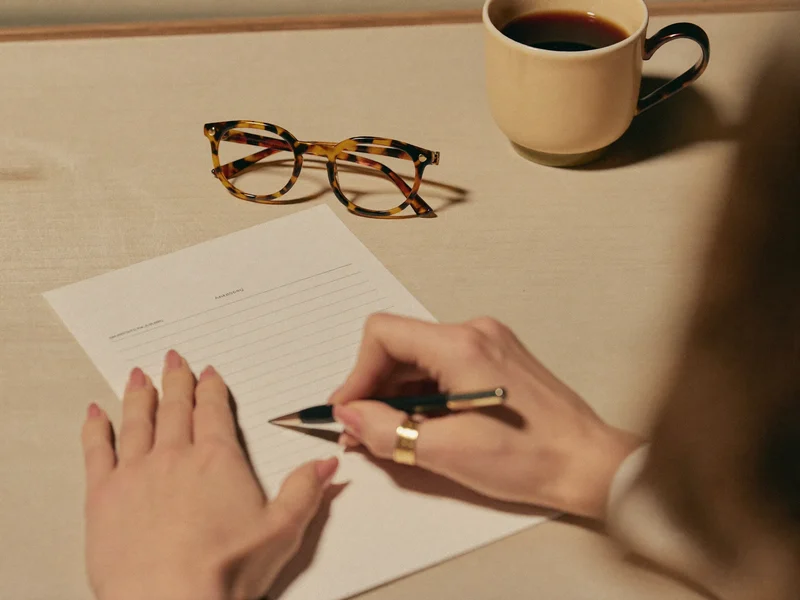 Illustration of hands completing a paper claim form at a tidy desk